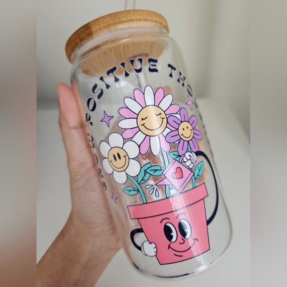 Grow Positive Thoughts 16oz Clear Beer Can Glass Cup - Picture 4 of 5